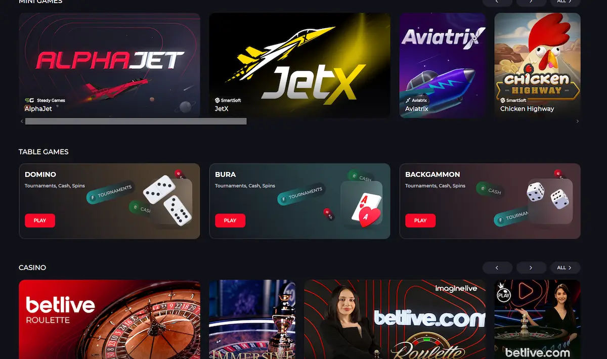 BetLive Casino – hlavní lobby s výběrem her a bonusem